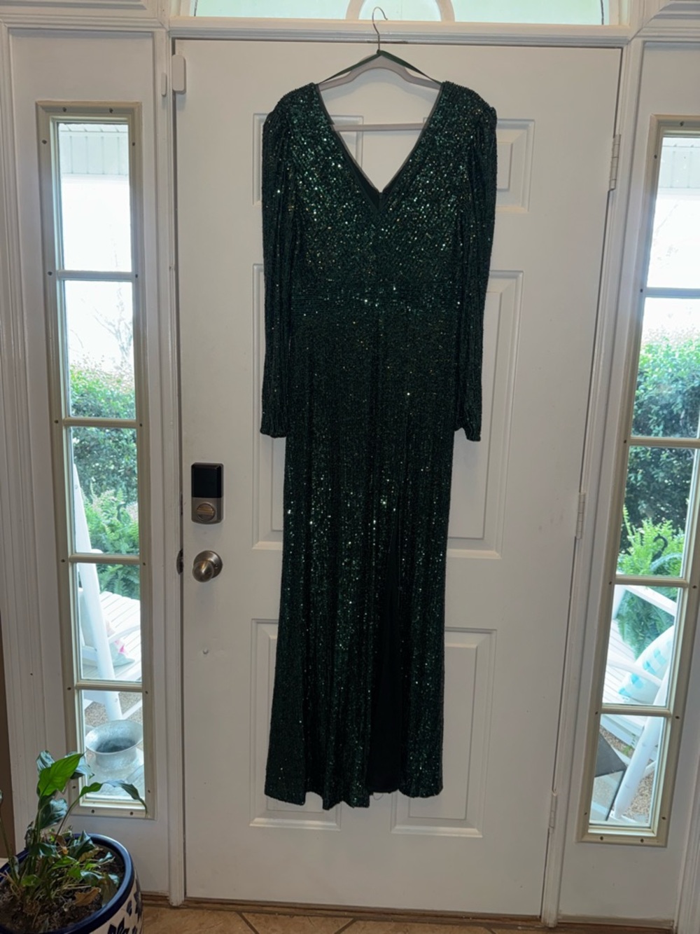 Xscape Emerald Green Sequin Long Sleeve V-Neck Prom Dress